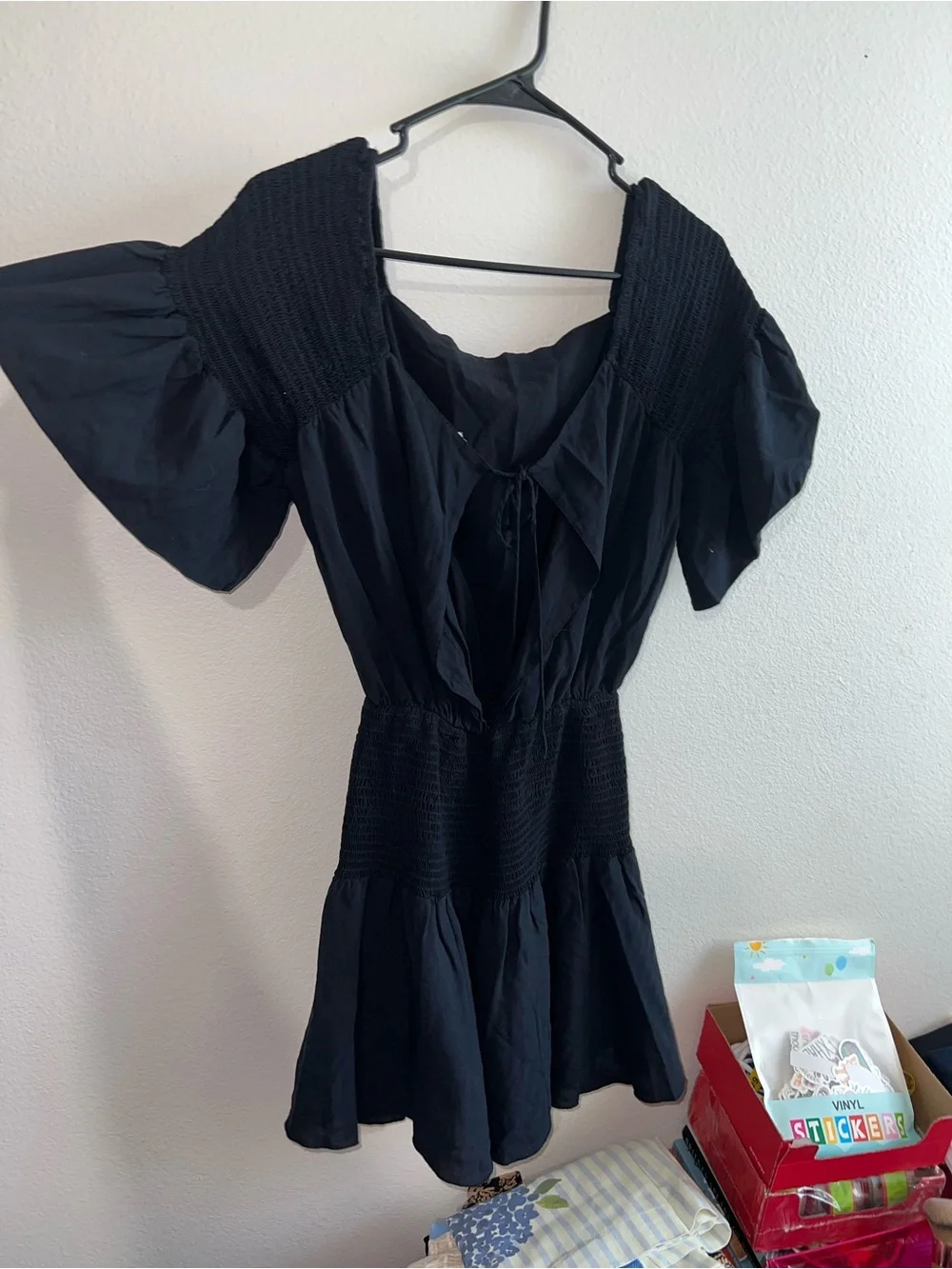 Free People Navy Blue Smocked-Waist Puff Sleeve Mini Dress